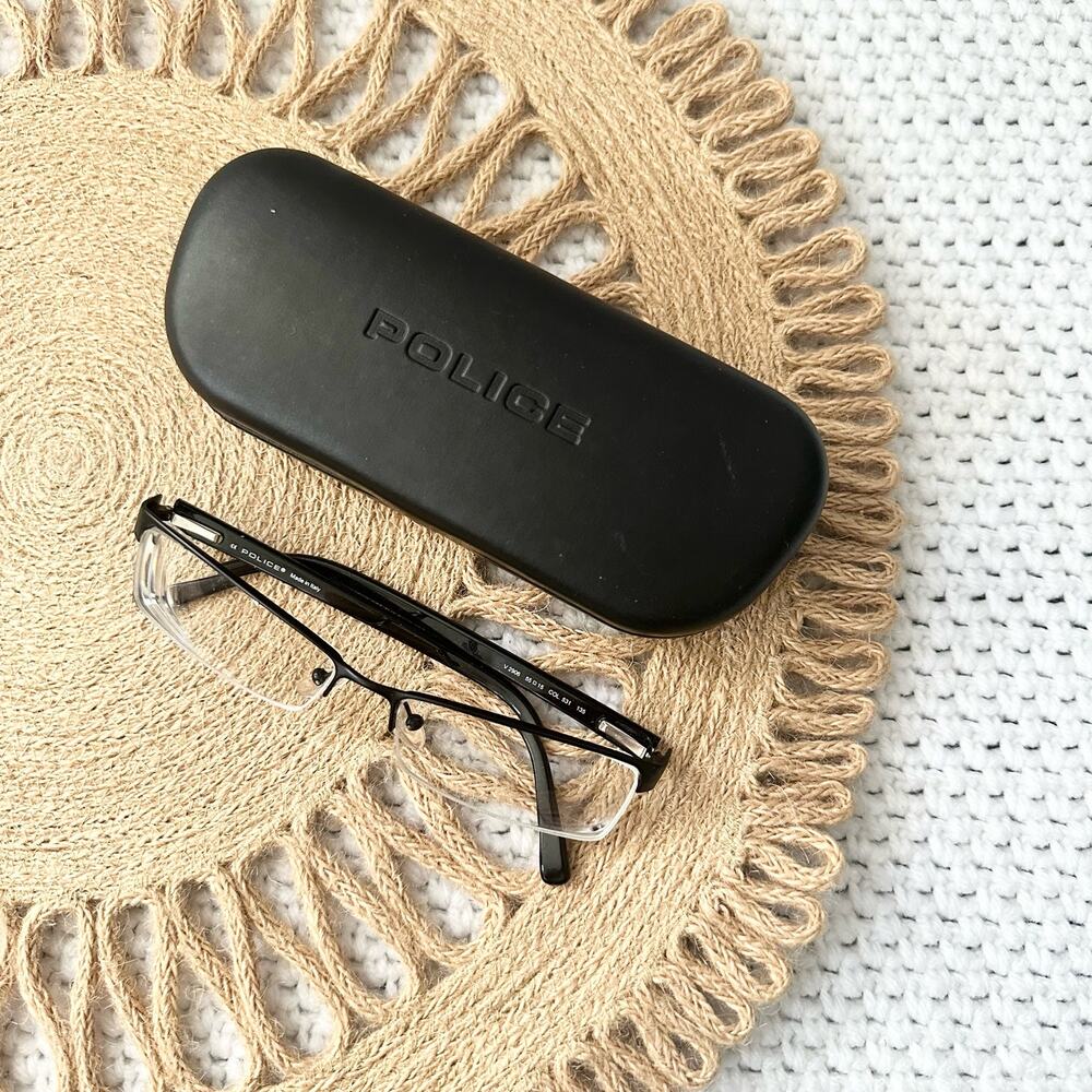 Police Italy Black Metal Half Exposed Frame Rectangular Eyeglasses Case V2906